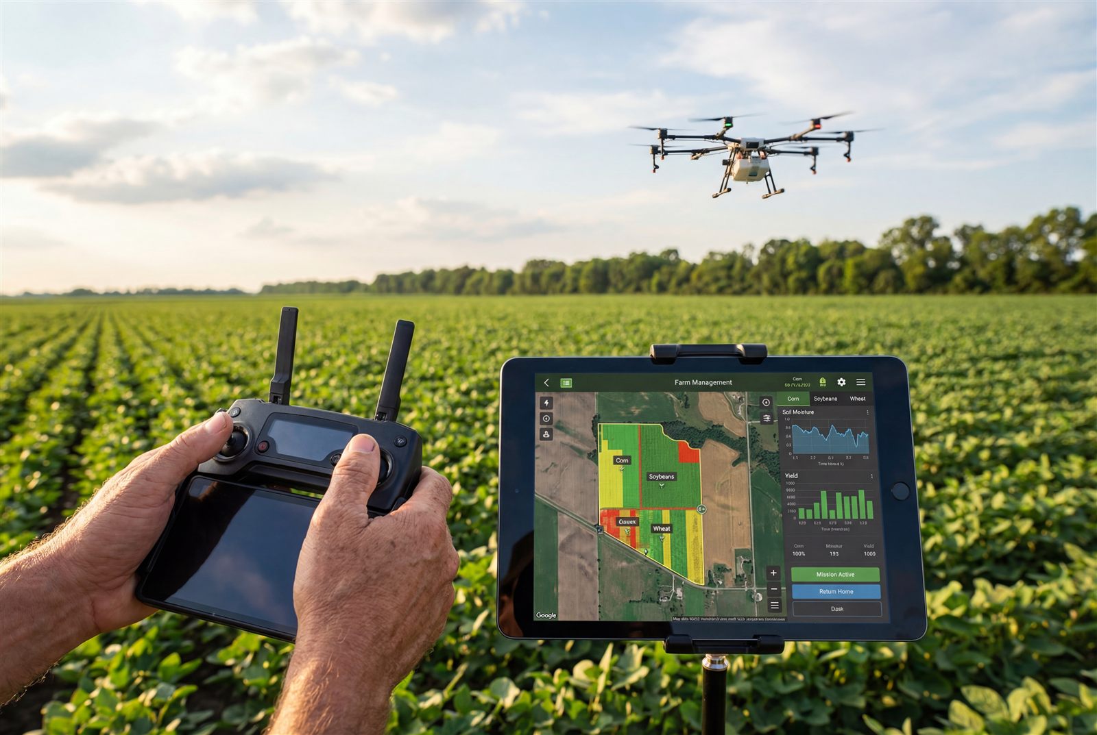 Farmer reviewing a live crop map on a tablet